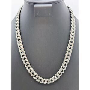 CZ 1/4" Wide Cuban Link Dark Silver Tone Metal Hip Hop Look 22" Long Necklace